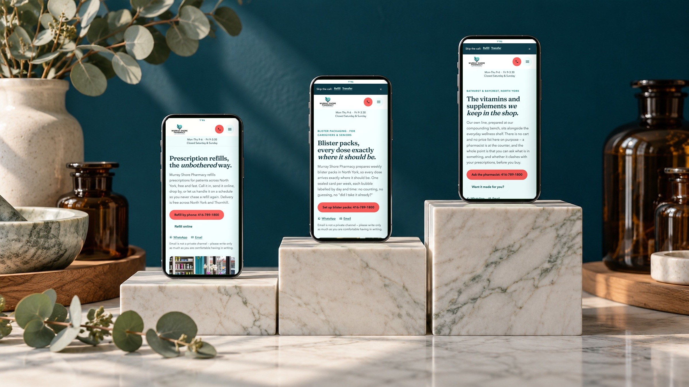 Refills, blister packs and the supplement shelf on three phones.