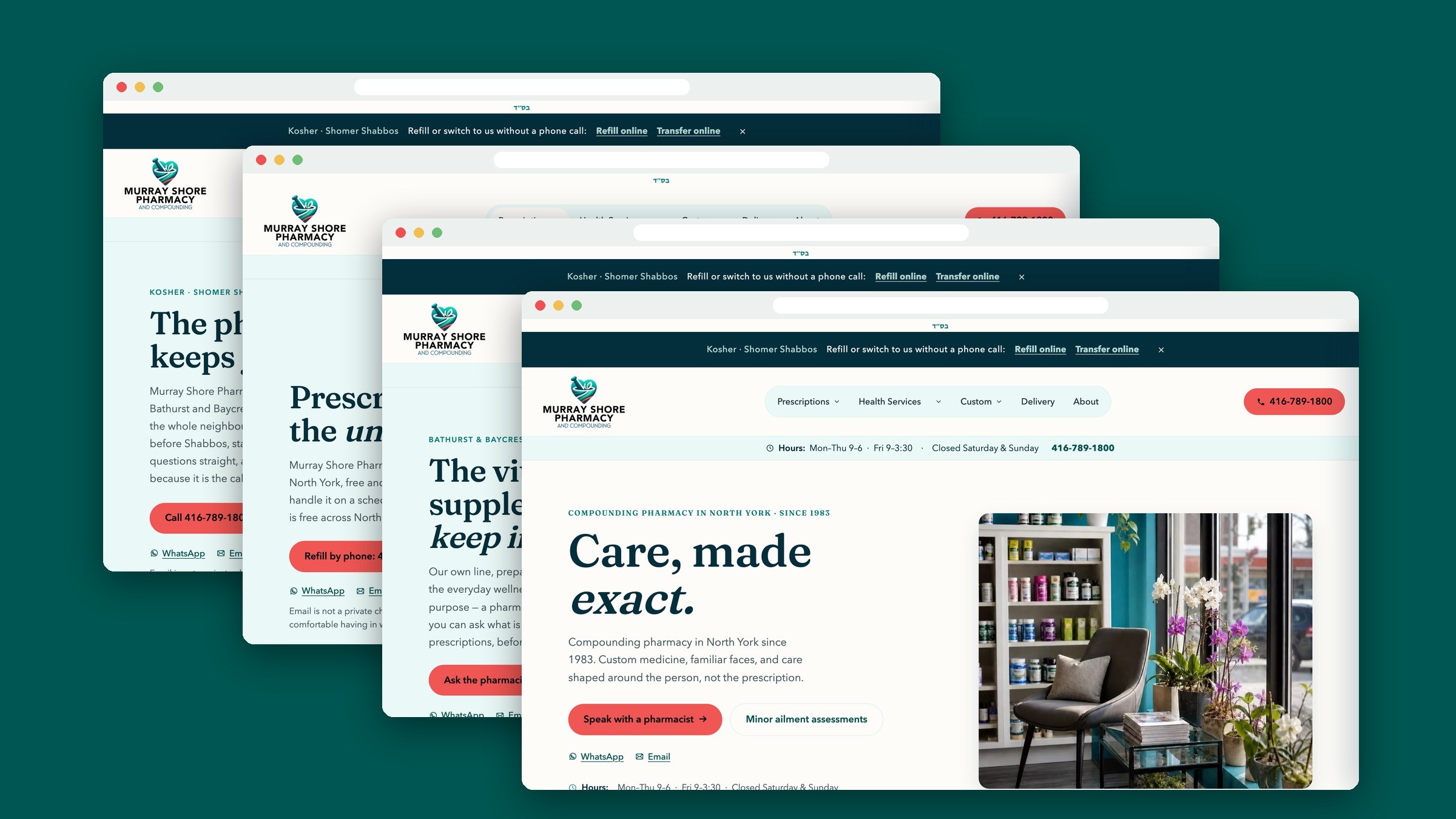 Four murrayshore.com pages in browser windows on teal.