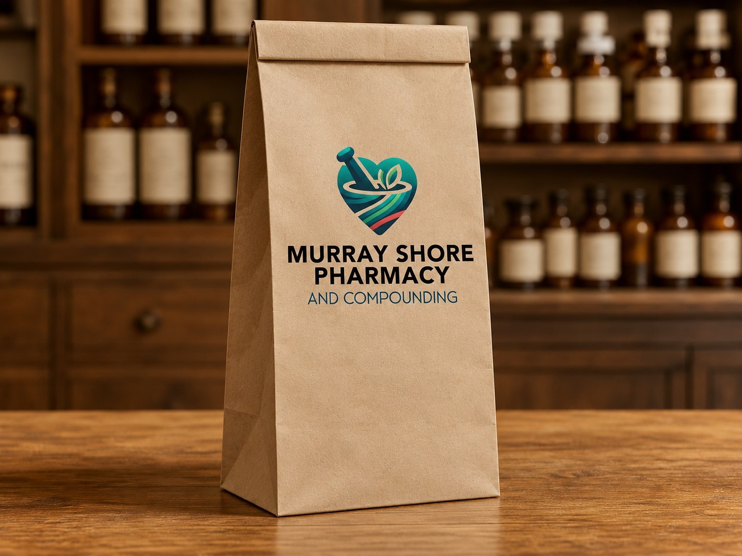 A tall kraft pharmacy bag with only the Murray Shore logo on it, on the counter.