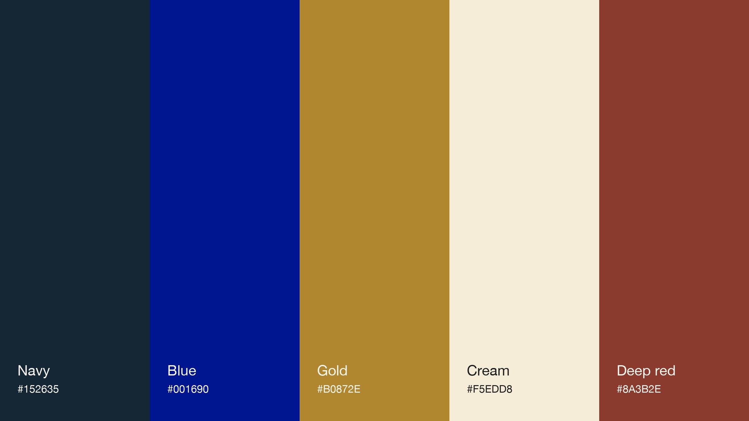 The palette: navy, blue, gold, cream and deep red.