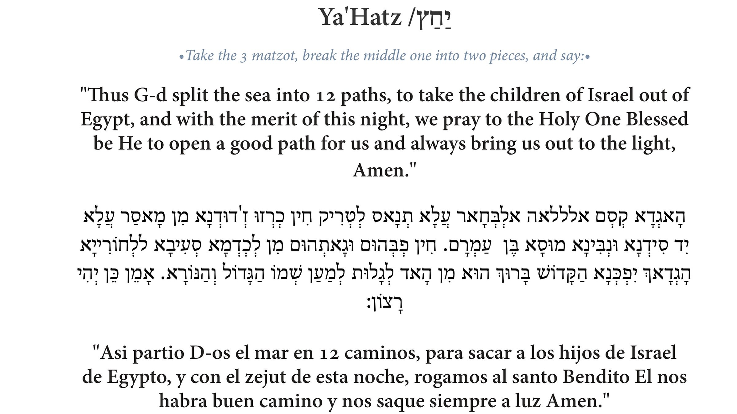 Yachatz in Hebrew, English and Spanish on one page.