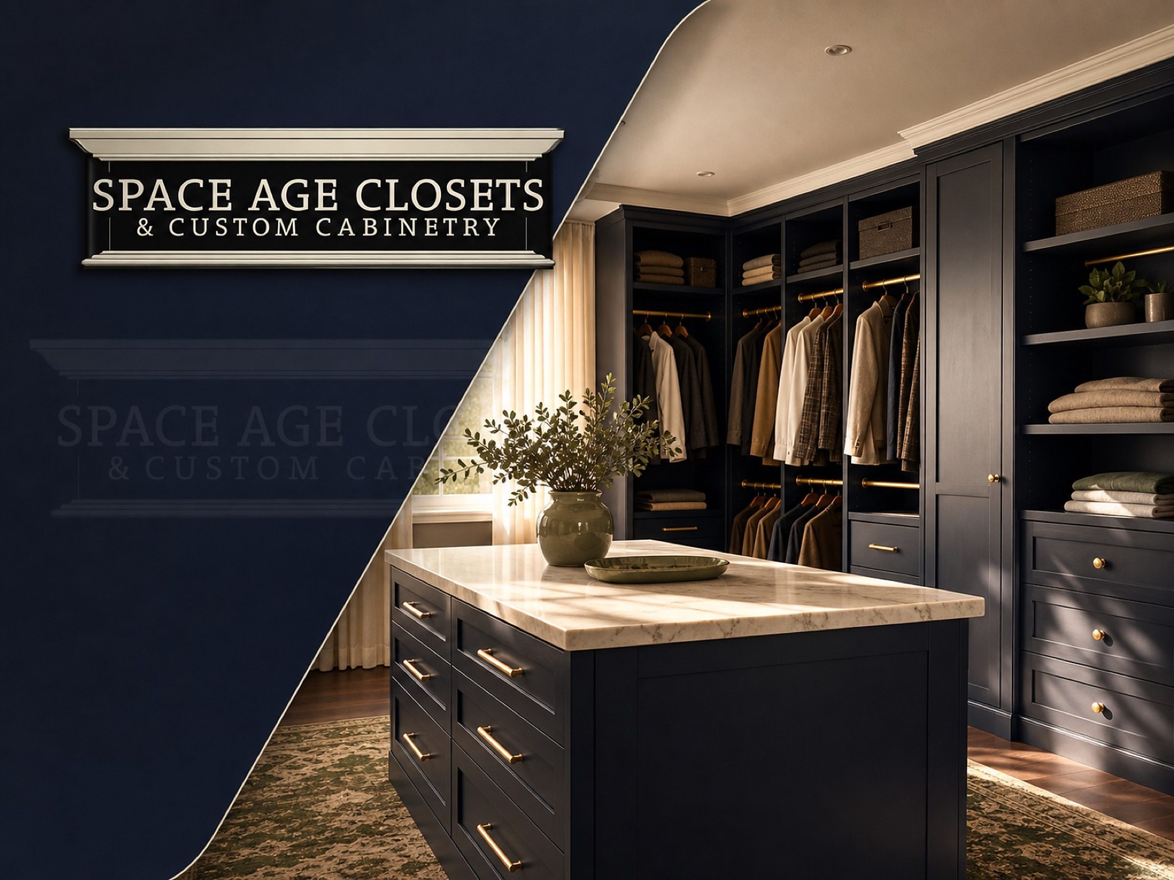 A navy walk-in closet with brass hardware, the Space Age wordmark alongside.