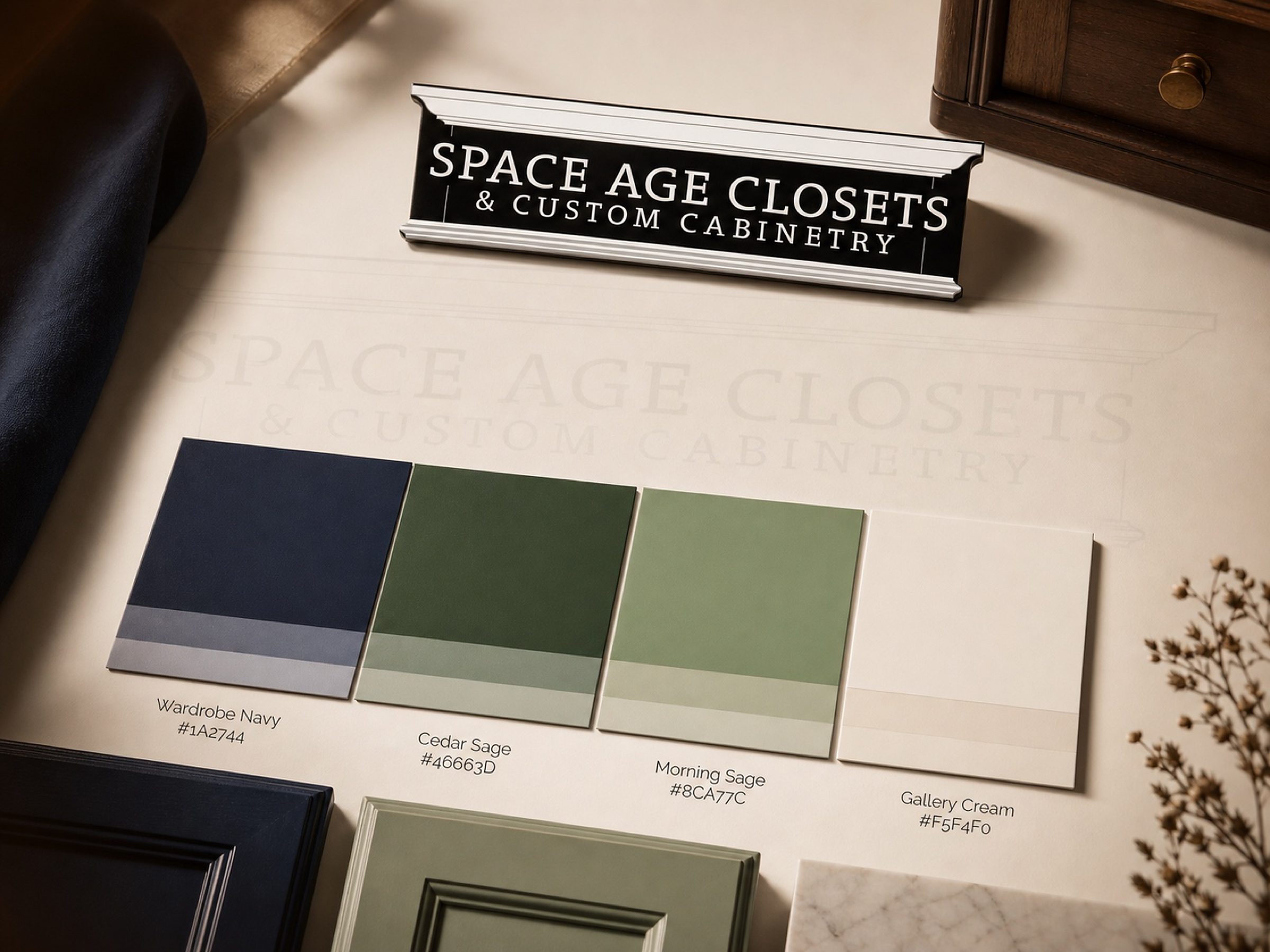 Door finishes and fabric on the selection board: Wardrobe Navy, Cedar Sage, Morning Sage, Gallery Cream.