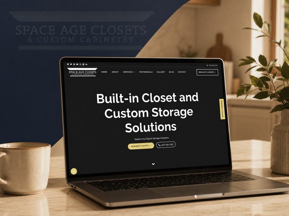 The SpaceAge Closets site on a laptop on a kitchen counter: built-in closet and custom storage solutions