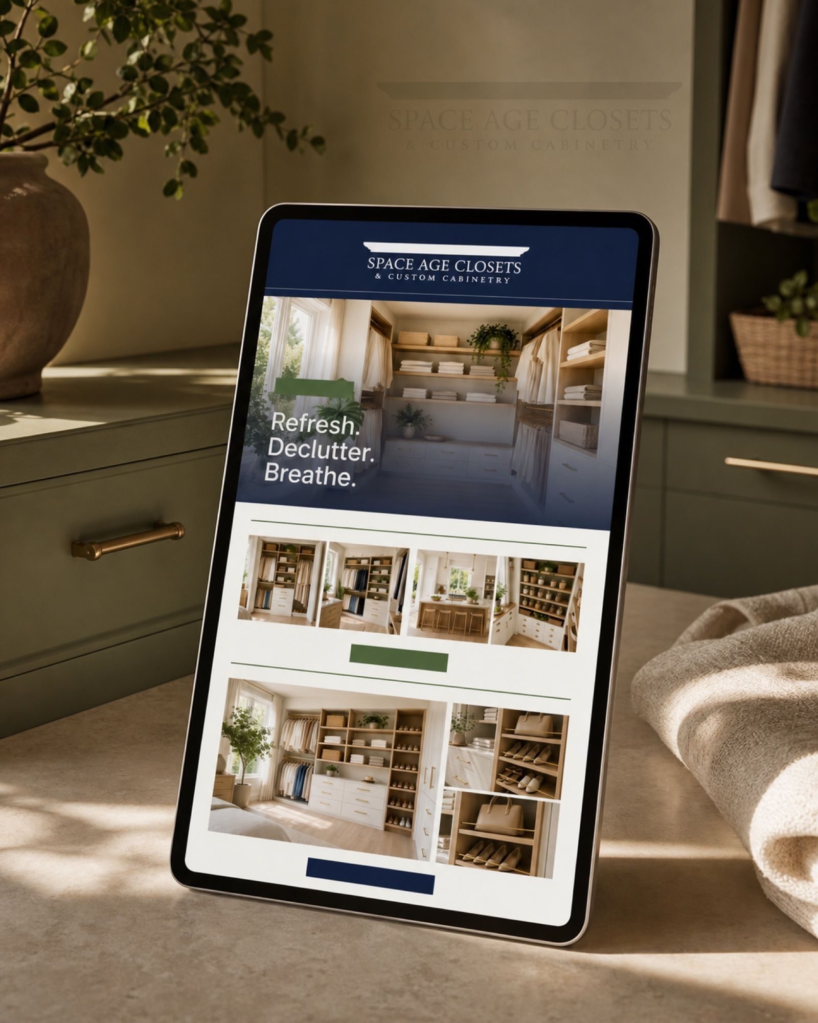 The Space Age newsletter template on tablet — navy and sage, the email system's own colourway, distinct from the live site's charcoal and gold.