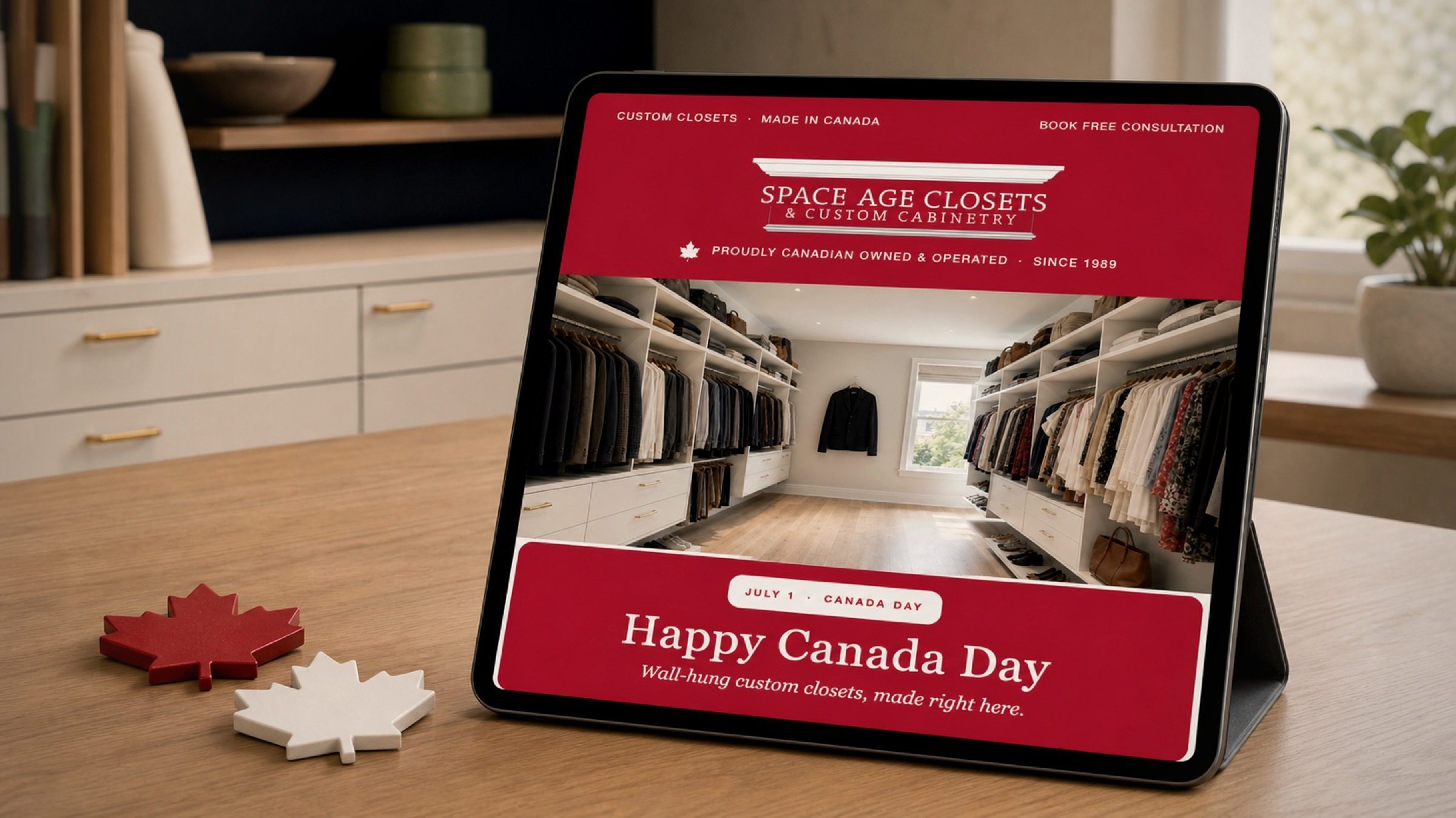 The Canada Day newsletter — "Wall-hung custom closets, made right here," made in Canada.