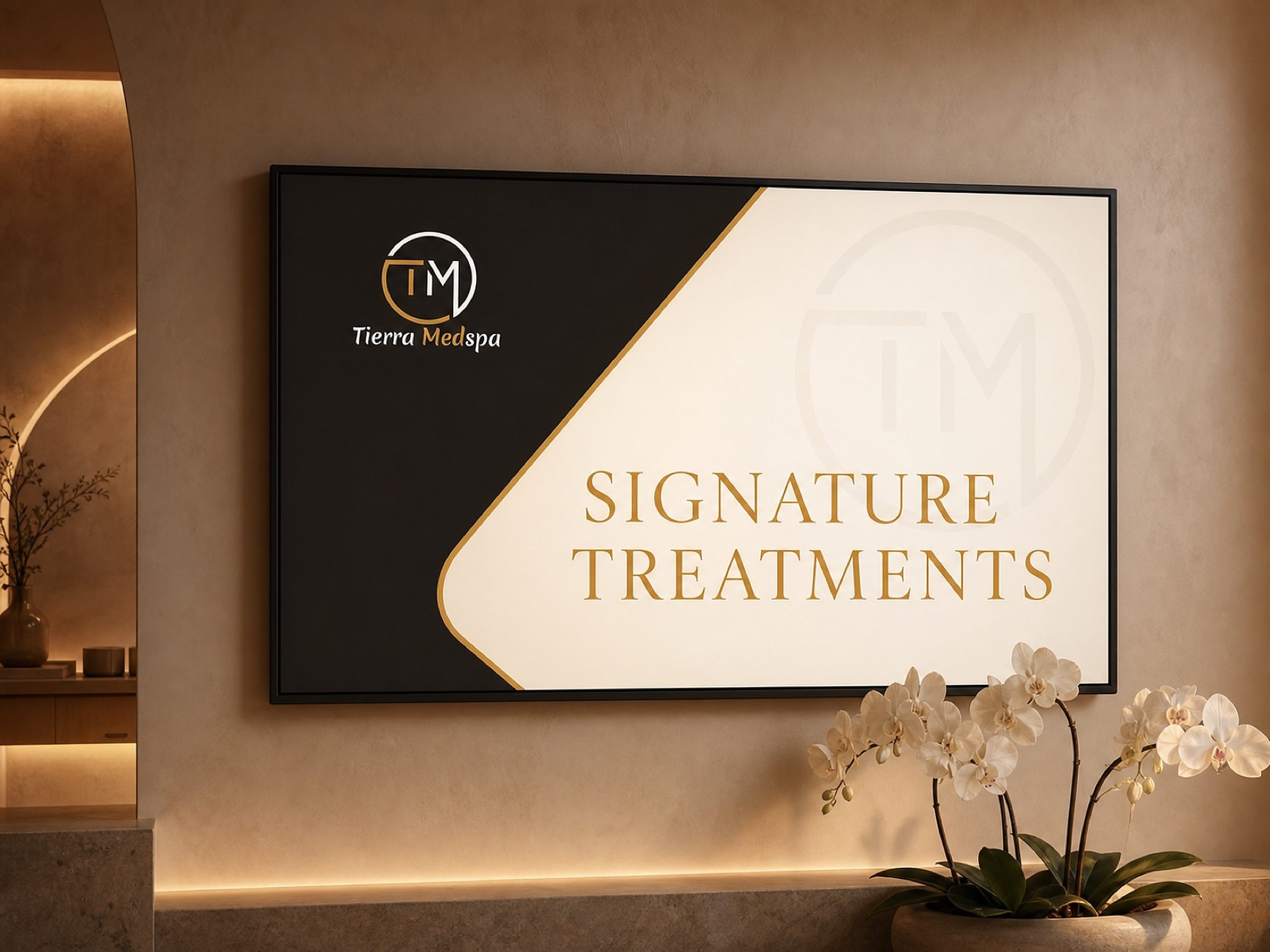 The signature-treatments board, mounted where every arriving client reads it first.
