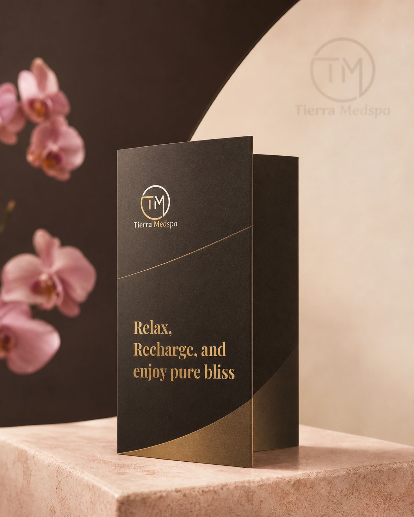 The tri-fold, black and gold, standing on stone the way it does at the front desk.