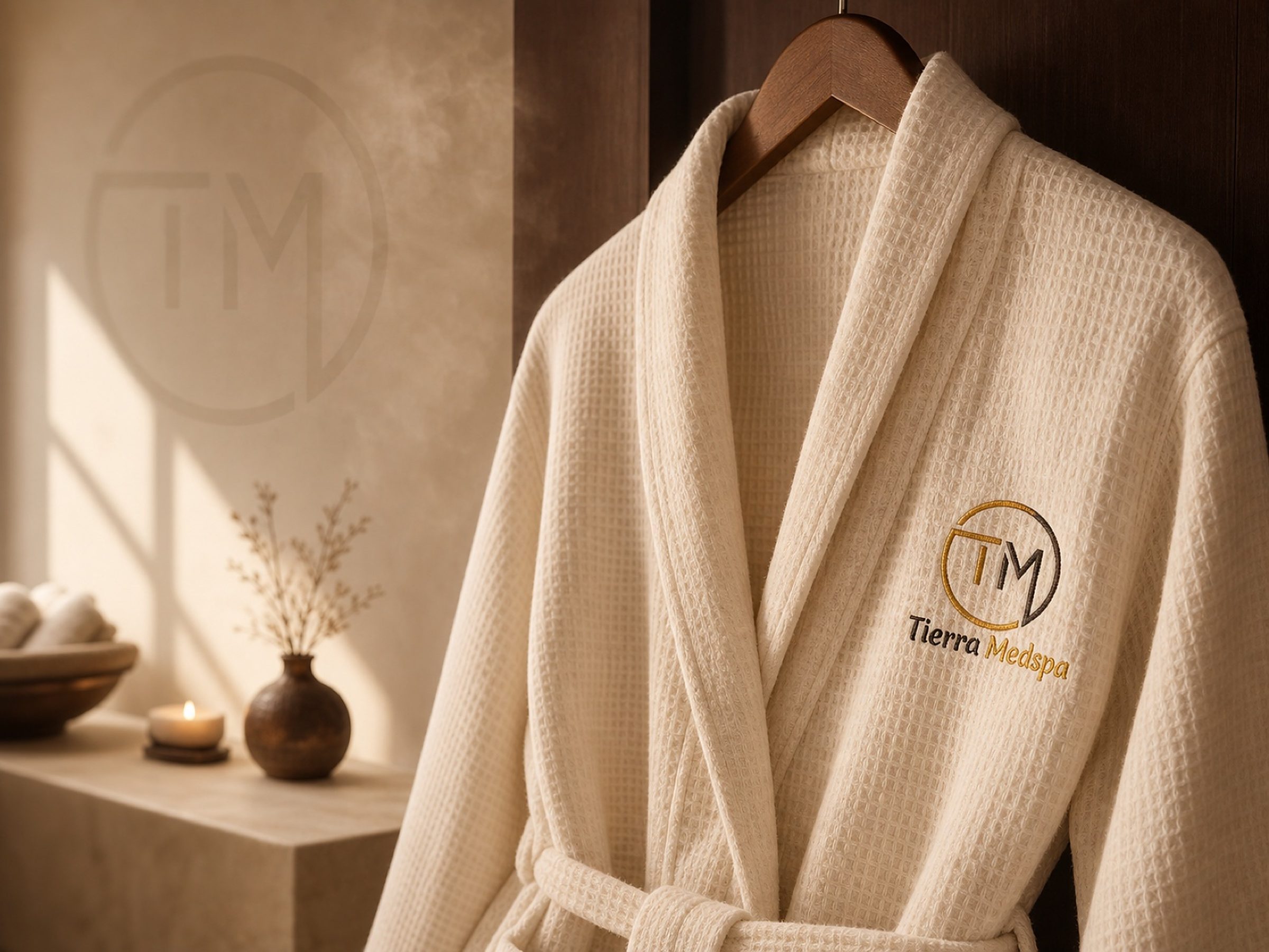 TM, stitched small at the chest of the house robe.
