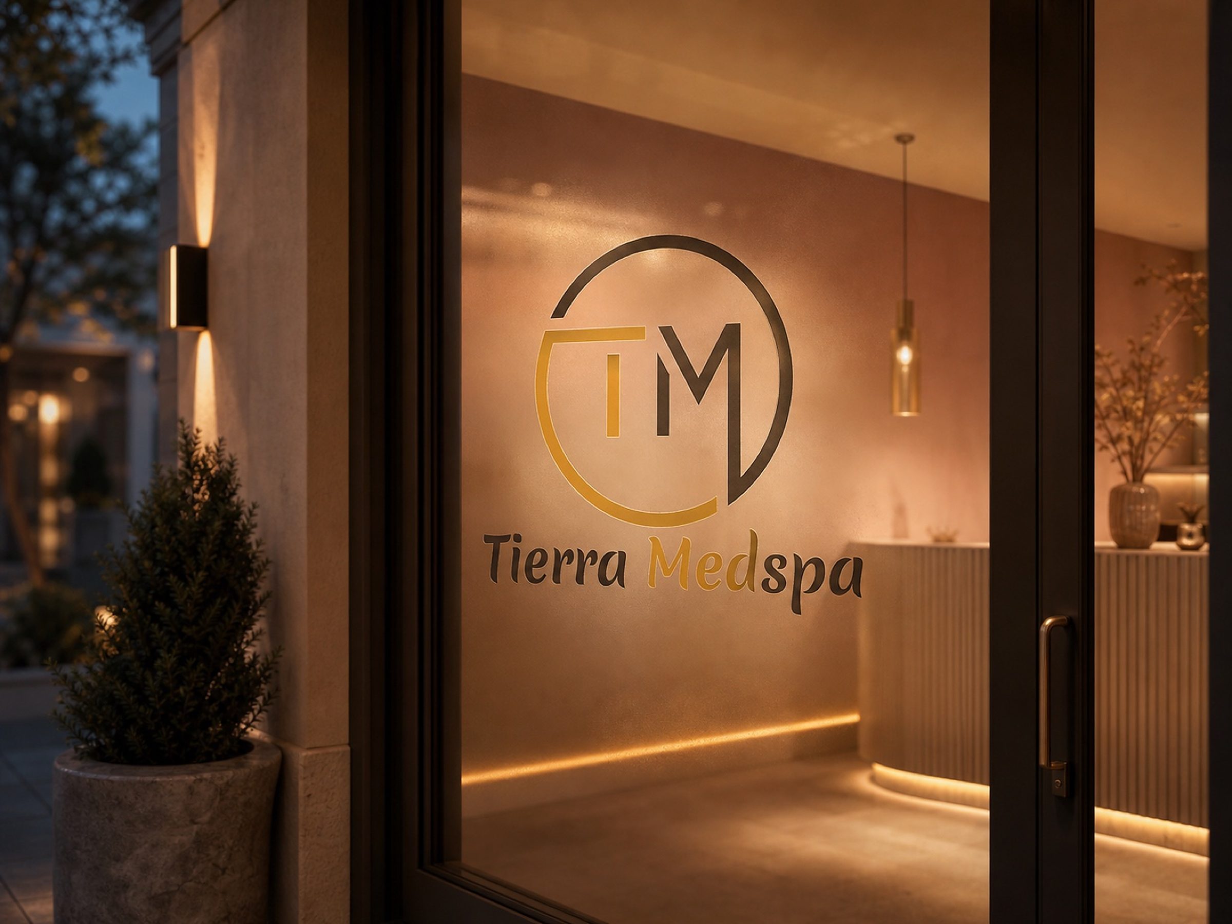TM etched into the glass at dusk, the reception glowing warm just beyond the door.