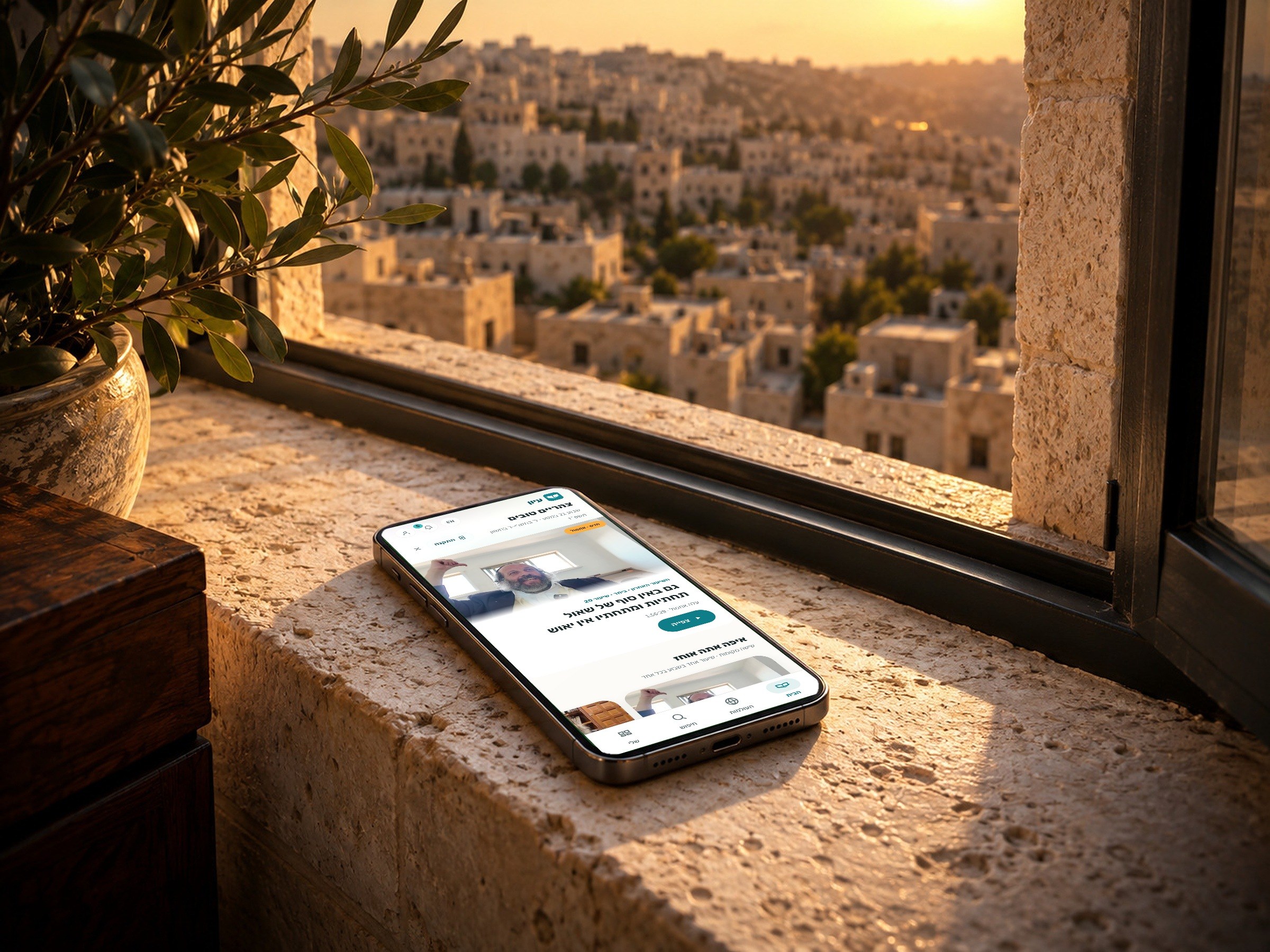 The eeyoon home page on a phone on a Jerusalem stone sill at golden hour.