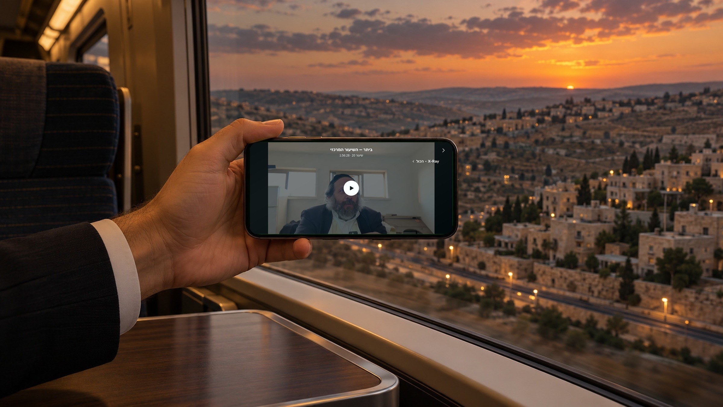 A shiur playing on a phone held sideways on a train at sunset.