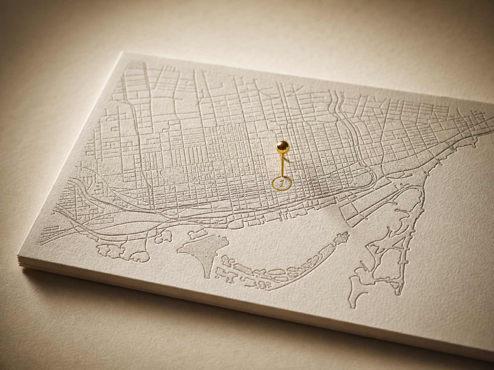 A letterpress map of Toronto with a gold number-one pin set in the grid