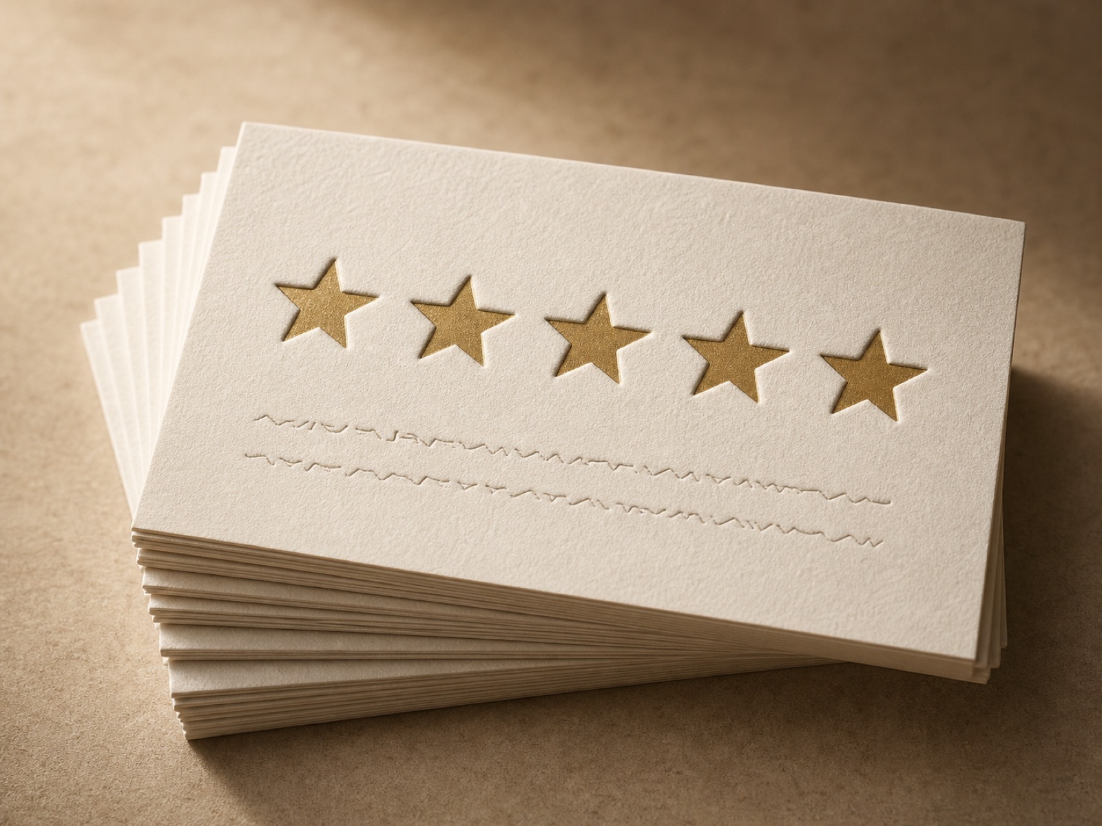 A stack of letterpress cards, each pressed with five gold stars